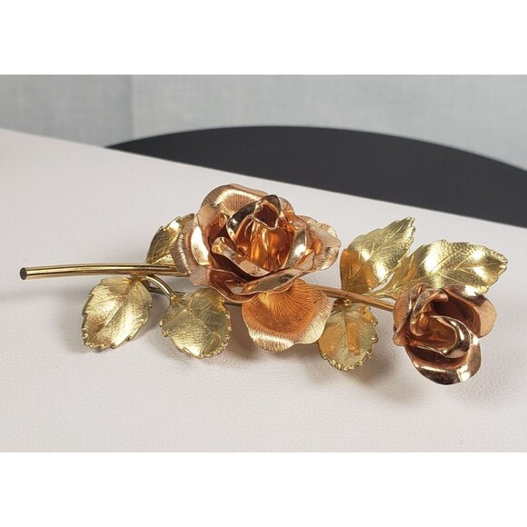 Vtg 1940's Krementz Signed Two Tone Gold Filled Rose Roses Brooch Pin 2.25" long - Picture 7 of 15